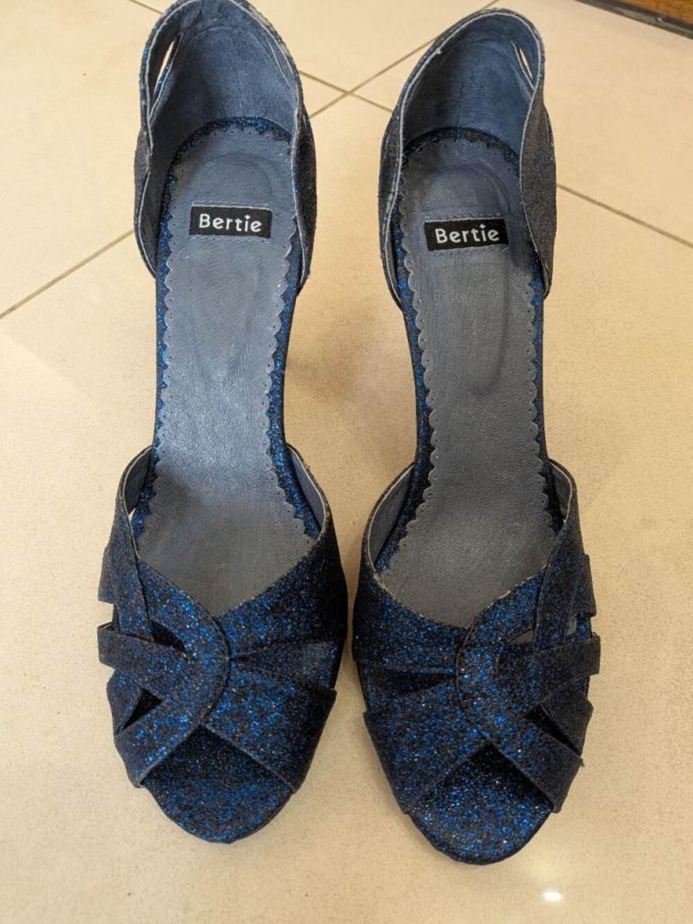 Bertie Blue Glitter Peep Toe Heels Open Toe Pumps